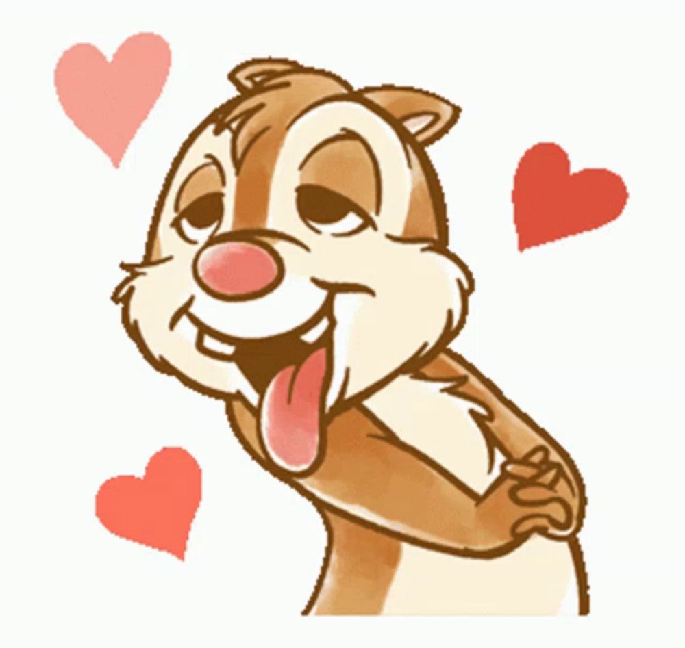 a cartoon drawing of a chipmunk with his tongue hanging out and hearts around him