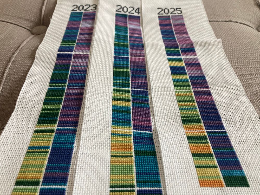 Three pieces of cross stitch with stripes in a rainbow of colours, depicting temperature highs and lows in 2023, 2024 and 2025