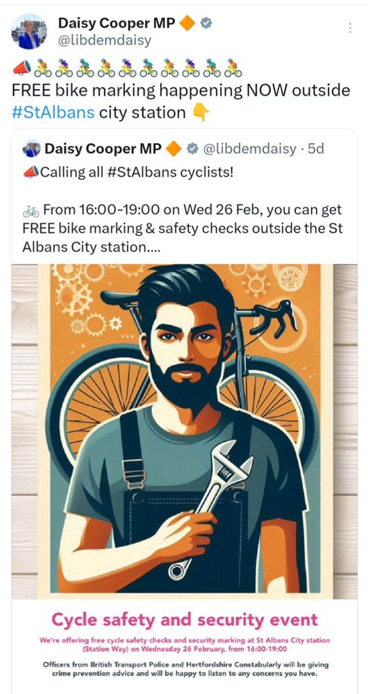 Free bike marking and safety checks outside St Albans City station this evening