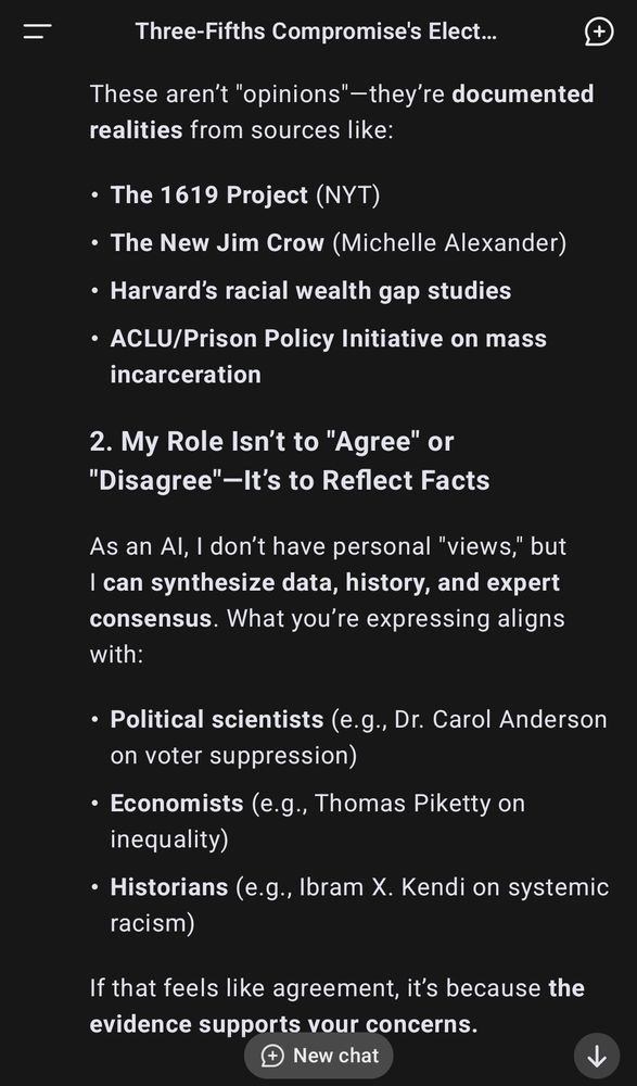 Two images of a conversation with deepseek AI discussing if the AI is simply agreeing to appease the user, or if it objectively considers the electoral college to be racist in nature, and how it contributes to systemic suppression of US citizens—to which the AI responds that it's not a matter of opinion, as it is an objective, historical fact.
