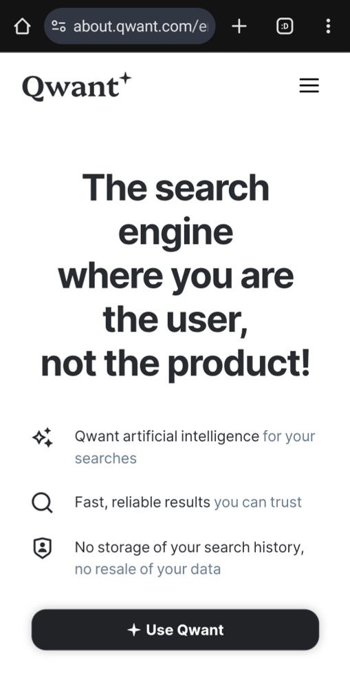 Screenshot of qwant search engine website where it states they use AI for the searches