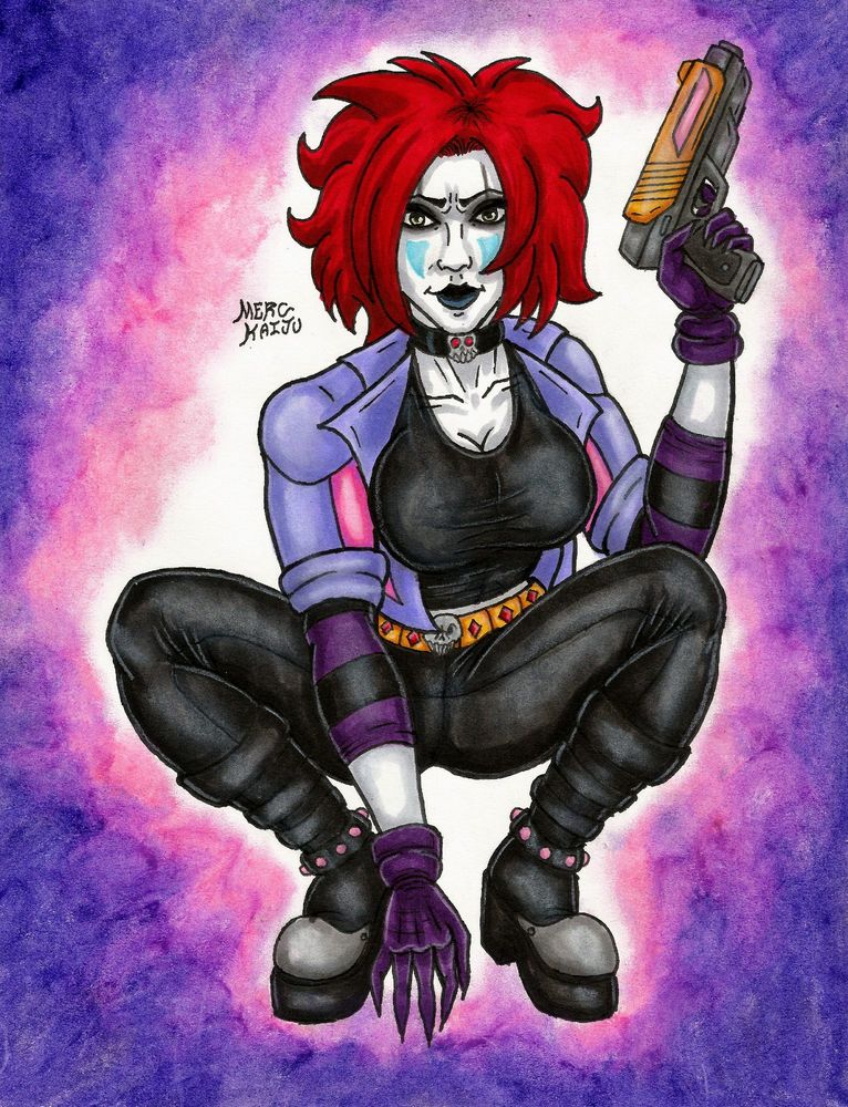 Art of my OC Chelsea Carny. She is crouched and holding up one of her guns.

