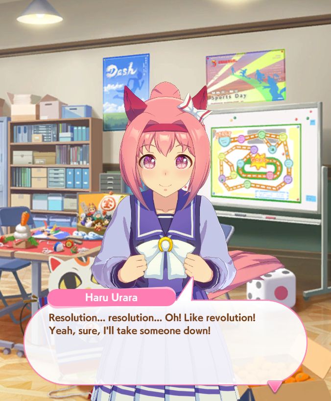 A screenshot from Umamusume: Pretty Derby where Haru Urara states the following: "Resolution... resolution... Oh! Like revolution! Yeah, sure, I'll take someone down!"