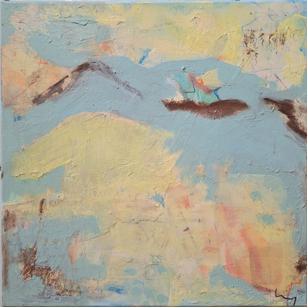 Abstract painting in Acrylic. Soft blues and yellows with dark brown details. Innerworld expression called 