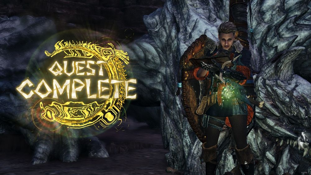 A Screenshot showing the "Quest Complete" Screen of Monster Hunter Wilds against Arkveld.