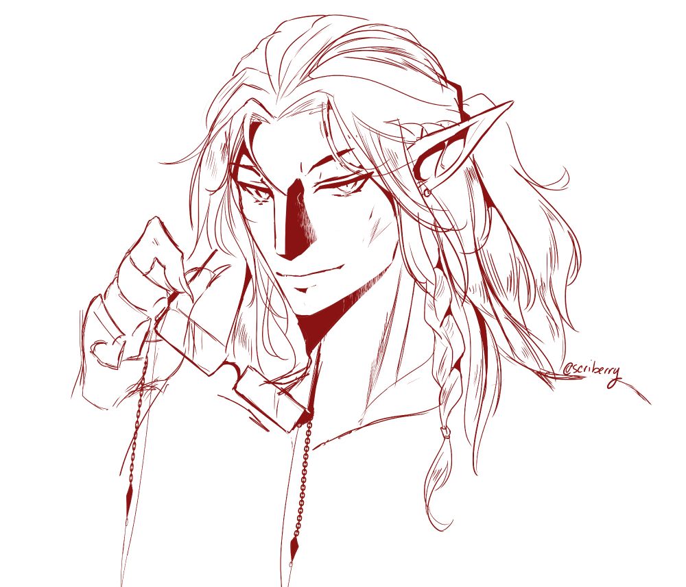 A sketch of a very attractive vampire man, sketched in red ink . He is holding a pair of square glasses while giving the viewer a smug look. His hair is long and drawn back. He has a braid on one side. 