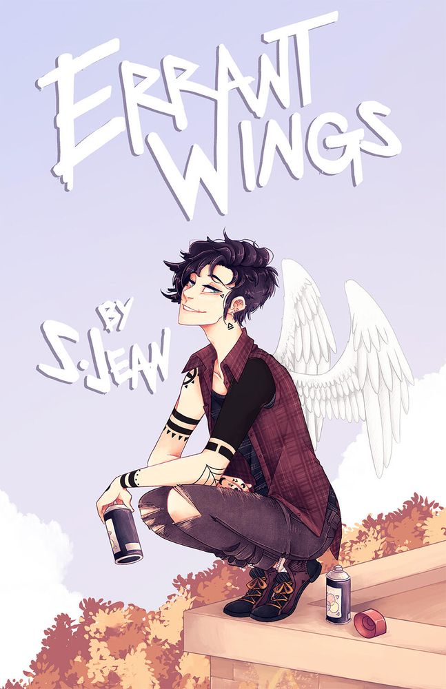 Cover for Errant Wings. An angel with tattoos, torn jeans, and cut off flannels, squats at the edge of a brick wall with a spray pain can in hand.