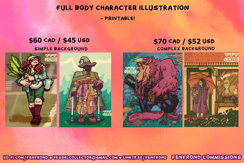 an image advertising commissions for full body character illustrations with 4 example images: a redhead woman walking contentedly down a street, carrying a houseplant, a Black witch with a pair of forearm crutches showing off her patchwork clothing against a grassy green background; a congalala passionately playing a saxophone among a lush mushroom-laden forest; a person with short dark hair and loose striped dress standing under a shop awning, holding an umbrella.
