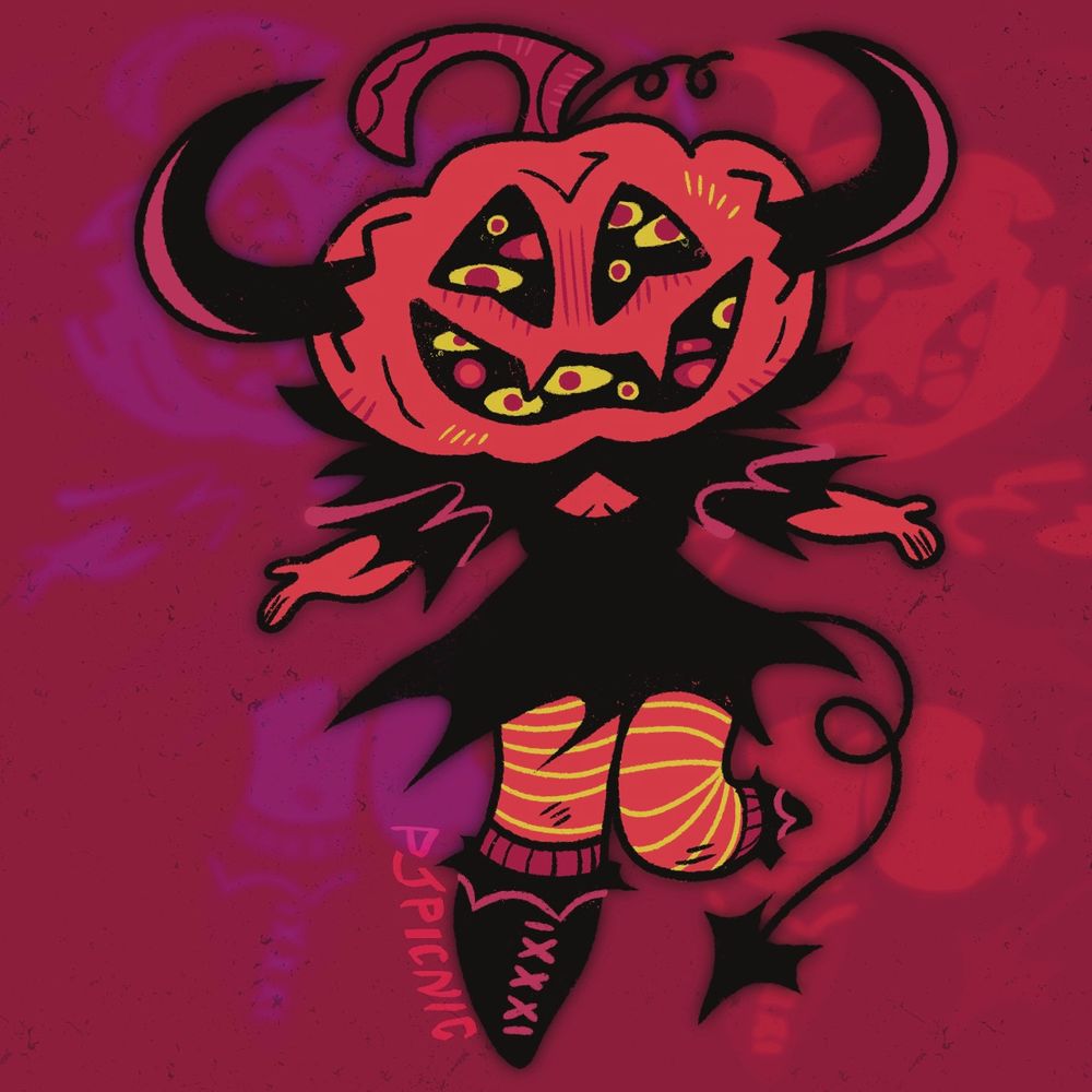 a digital drawing. a creature with human body and pumpkin head with large curved horns sticking out of it floats with arms spread open in a welcoming gesture. the pumpkin is carved with a jack o lantern face, and through the holes many glowing eyes can be seen.  the creature is wearing a black dress with a big collar with batwing shaped edges. they have orange leggings with yellow stripes, and wear tall black boots that are embellished with batwing shaped edges around the top. they have a curled tail that ends with a pointed pumpkin leaf shape.