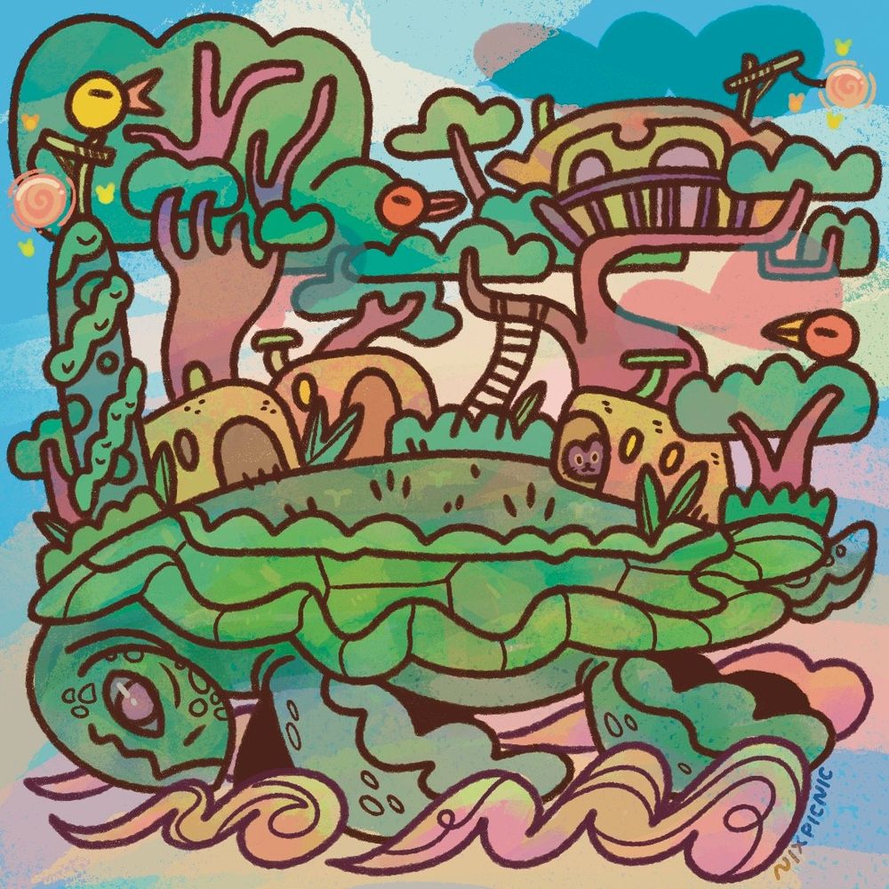 a soft dreamlike digital illustration. a sea turtle with a village on its back soars through blue, pink, and orange skies with wispy clouds. the village has some small huts and a treehouse. one of the houses has a cat peeking out of the door. There are two glowing orbs with small glowing creatures buzzing around them, and there are 3 very round birds perched in different trees. The colours in the piece are mainly saturated greens and soft pink/orange. The artist's name, nixpicnic, is written in the bottom right corner.