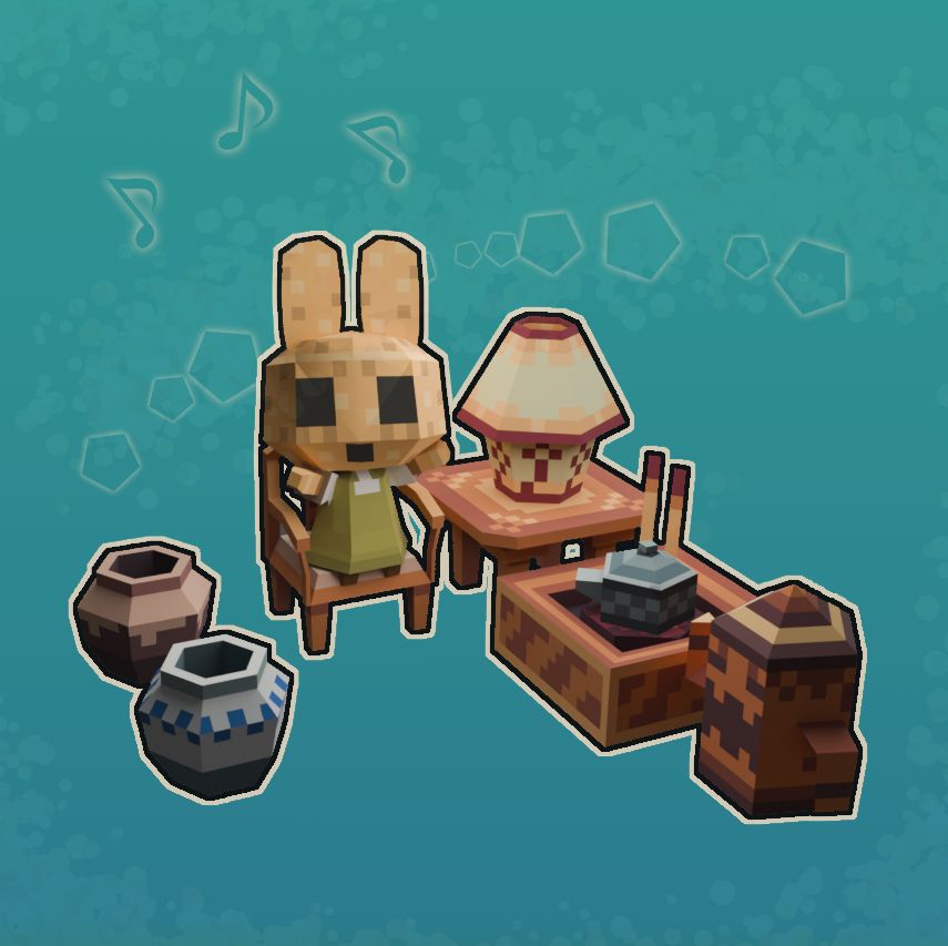 a low poly model of Coco from Animal Crossing - a clay bunny with hollow eyes and mouth - sitting in a chair in a cozy room, next to a side table with lamp, a hibachi, her gyroid, and some clay pots. Her arms are raised in celebration. The background is blue, sparkly, and there are some musical notes floating above Coco's head.