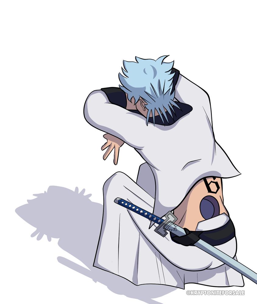 Grimmjow crouched low in his Espada uniform, arms posed to cast a dramatic cat-shaped shadow on the ground - a take on the cat shadow meme. Aka kitty shadow meme. 