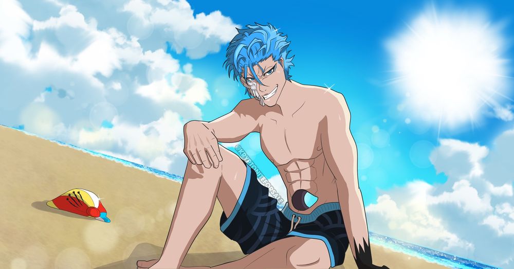 Swimsuit Summons fanart of Grimmjow Jaegerjaquez from Bleach. He’s sitting on the beach with a deflated beach ball nearby, suspicious claw marks on its surface. His expression is smug, because of course it is. His beach shorts are based on his Spirit Society design.