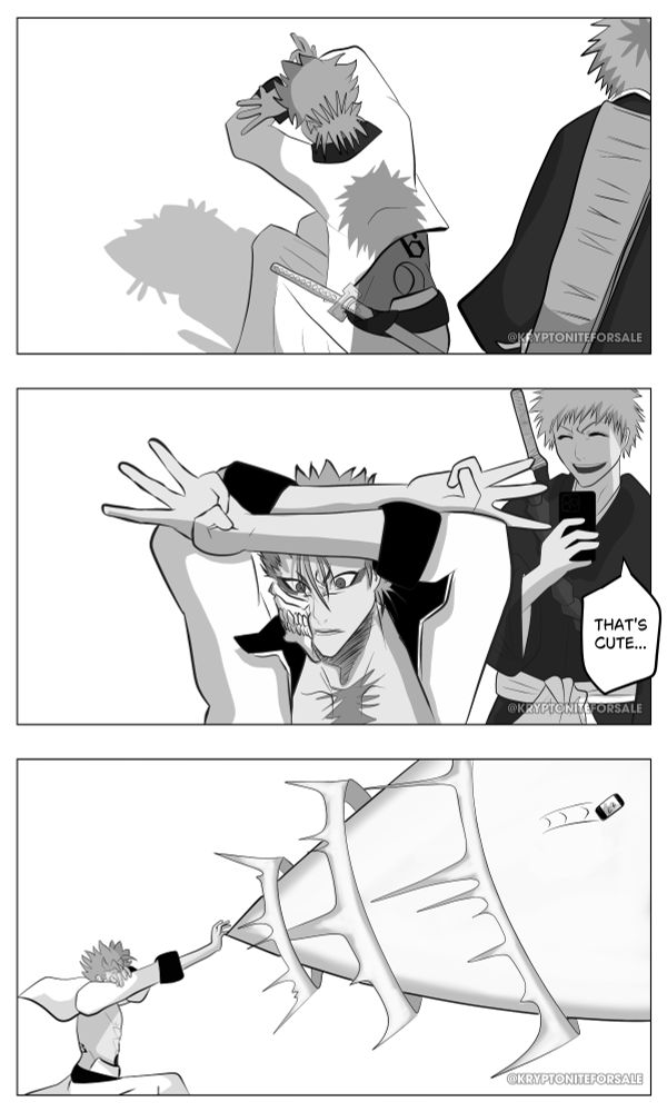 Grimmjow strikes a cat shadow pose when he thinks no one is looking. Ichigo sneaks up, snaps a photo, and says “That’s cute…” Then, Grimmjow fires a Gran Rey Cero in retaliation.