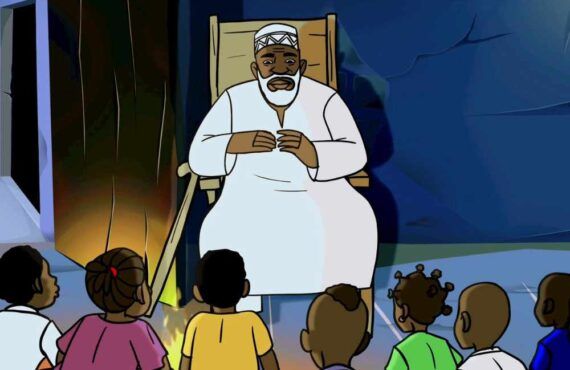 Image from an animated film showing an older black man clad in white sitting on a chair, a storyteller facing a group of children listening intently.