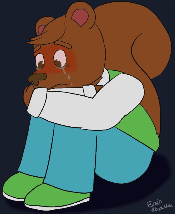 All Alone - Erin Strouder - The picture shows Barry Beattie, from the short Howie's Convenience, in the the dark, huddled up in a ball. He has tears rolling down his eyes, and appears to have gotten red in the face and his eyes are pink from the crying.