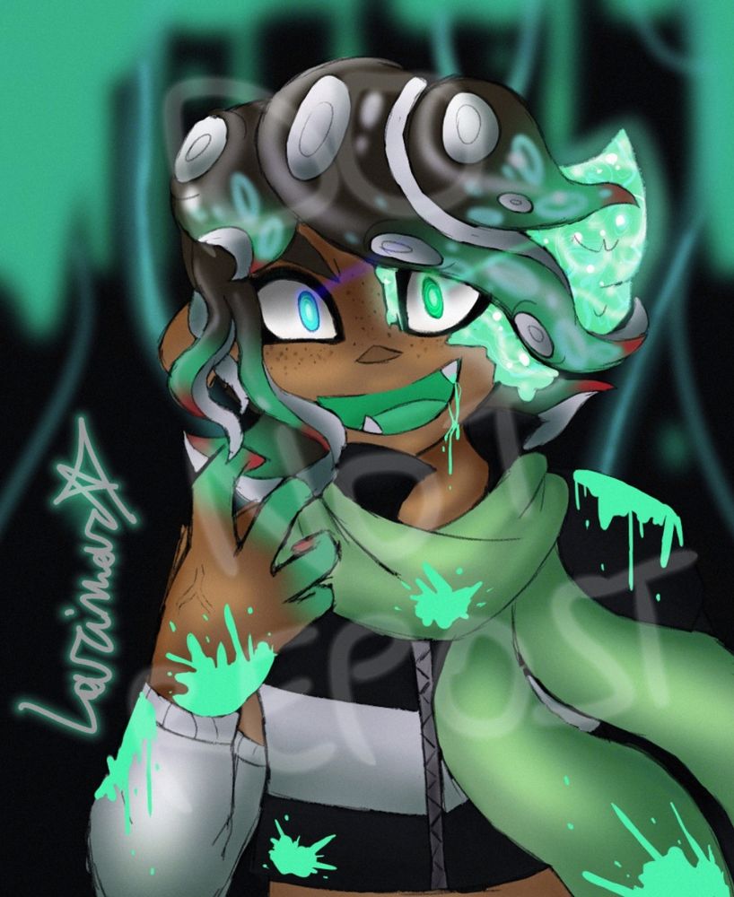 One of my OCs being sanitized by the ooze (like agent 3 in Octo Expansion), directoy looking at the viewer.