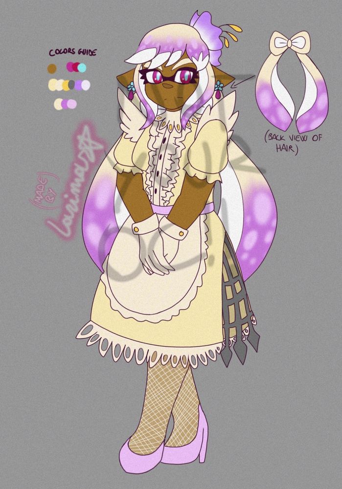 An adoptable Inkling OC, depicted in a full body drawing that shows also a its color palette.