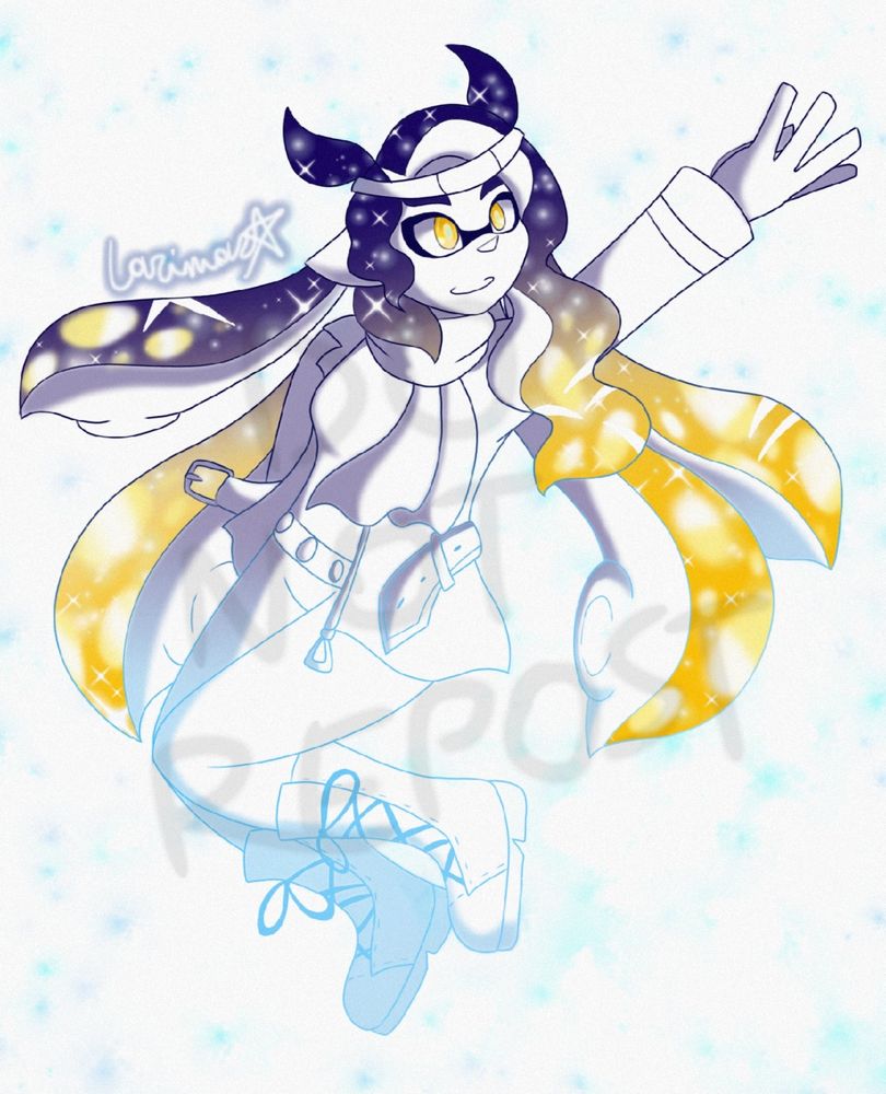 A simple drawing of an Inkling. It's mainly white, but the lineart has a gradient, as well as tentacles being colored in. The tentacles have also a glittery effect on them.