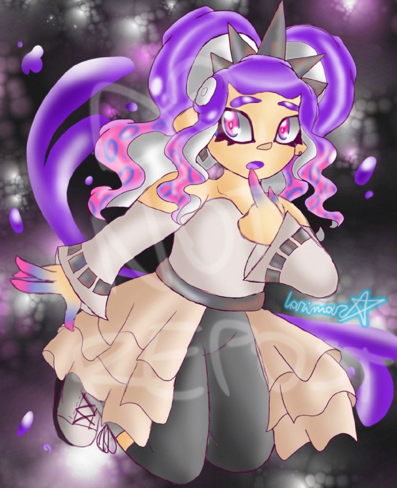 A drawing of one of my Octoling OCs in a Splatoon 3's Grandfest outfit, repping Team Present. 