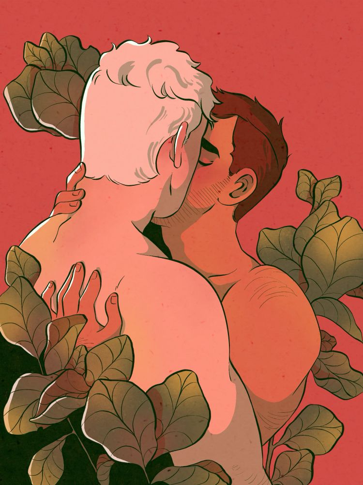 Soap and Ghost from call of duty kissing amongst fiddle leaf fig leaves. They’re both shirtless and Soap is embracing Ghost. 