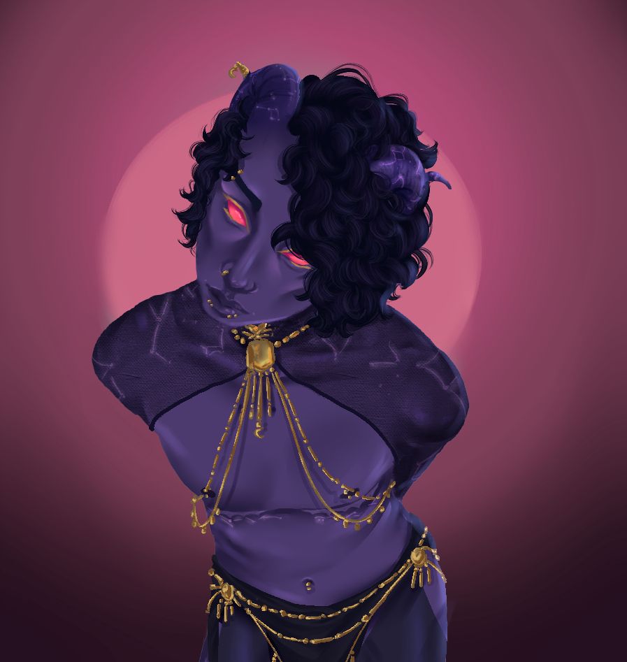 halfbody illustration of a tiefling character in skimpy performance wear. They wear a lot of dangling golden jewelry and have dark curly hair and striking pink/red eyes. They are leaning towards the viewer with their arms hidden behind their back. Their horns and shoulders show glowing constellations.
