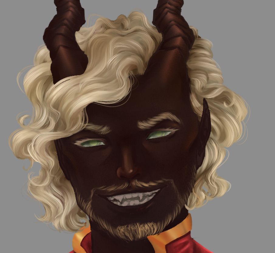 close up of a reddish brown skinned tiefling's face. He has long jagged horns, a toothy grin and green eyes without any pupils. His chin length light blonde hair is very wavy. 