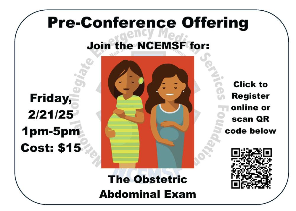 A flyer advertising the availability of the Obstetric Abdominal Exam pre-conference session. Class is on 21 Feb from 1-5pm and costs $15. Picture is of two pregnant women, both with medium complexions and brown hair, each holding their abdomens. One woman is wearing a dress with yellow and green horizontal stripes. The other is wearing a sleeveless teal dress.