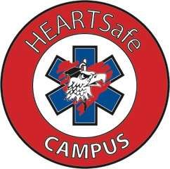 A red circle with Heart Safe Campus around the outer edge. In the center is a white circle with a blue star of life and the eagle from the NCEMSF logo. Behind the eagle is a drawing of a heart.