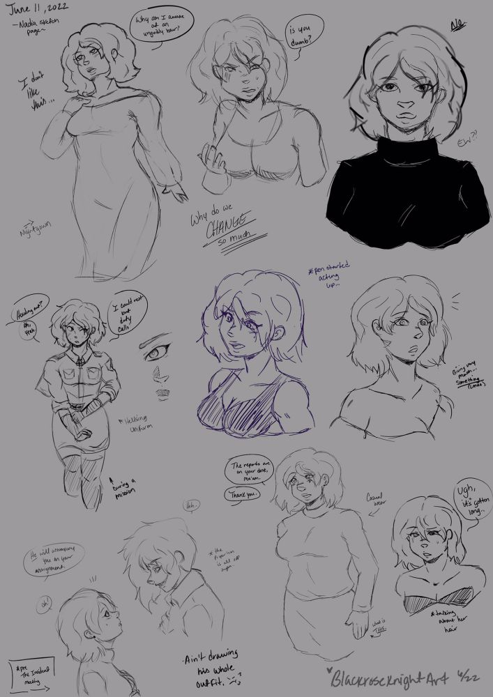 Nadia in different outfits and expressions. She also looks up at Alucard at the bottom left