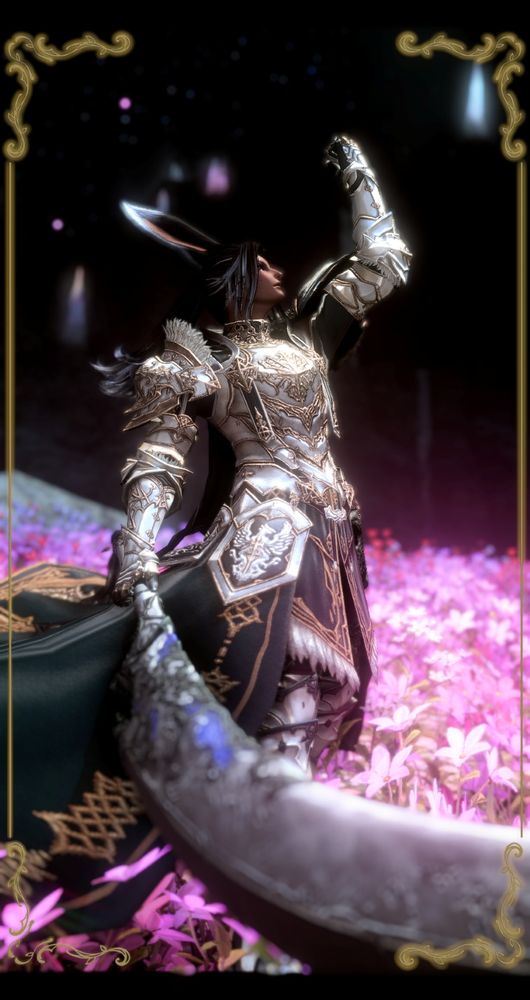 Ravnur is standing in a vertical shot framed by gold designs. He's got a fist up in the air, lit with dramatic but soft white-gold light from above. His curved sword is resting in his hand but coming towards the camera, blurring a bit as it does. He's framed by a night sky and pinkish lights above and a field of pink flowers below.