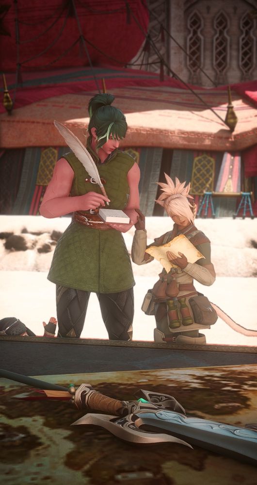 A tall Hellsguard woman stands next to M'naago in Rhalgr's Reach. They're discussing a map and taking notes over Ala Mhigan restoration duties. An Ala Mhigan glaive is seen closer to the foreground, resting on top of a map on the table. By Lone Snowdrop's legs, Lolorito can be seen with a hand raised as if he's being ignored.