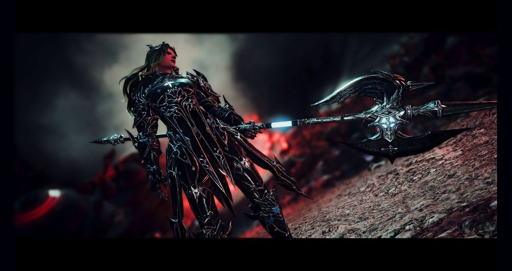 A Hellsguard woman stands tall amidst war, holding a gleaming silver spear with feathers. Her deep green hair is slightly waving in the air and she's lit by harsh light from explosions one on side and smoke in the background. 