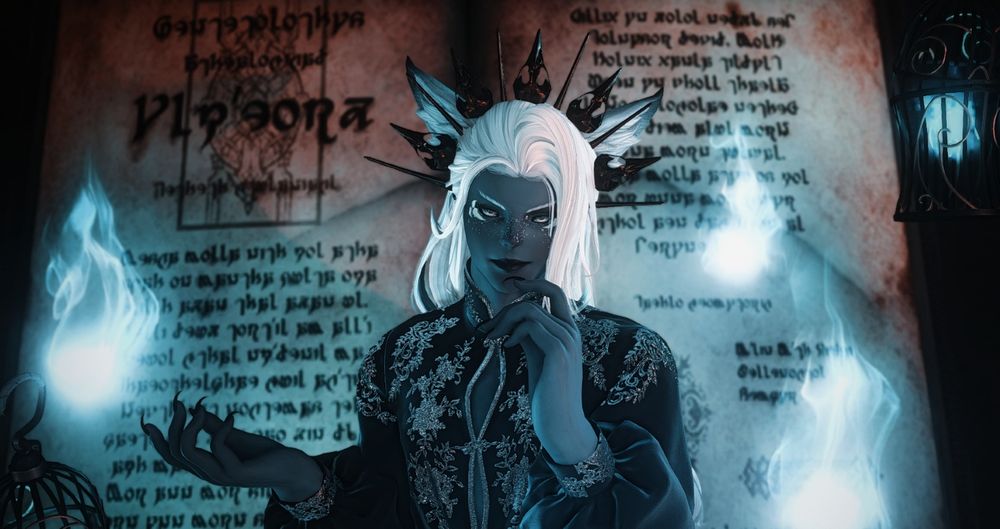 A white-haired Moonkeeper stands among ghostly blue wisps, with a large necromantic text behind him. He's wearing a crown of corvid skulls and spikes, and a gold-threaded black top with slight openings along the chest. He's looking sly, finger to his lips as he asks, "And what price are you willing to pay for my counsel, dear traveler?"