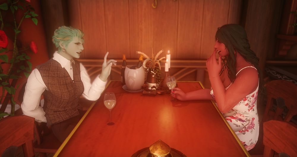 Two Roe women sit at a candle-lit dinner date. The green-haired Sea Wolf, Eidin, is looking cheeky and holding a hand behind her back. Her other hand is held up as to say, wait. The brown-skinned Hellsguard, Lone Snowdrop, is mid-laugh and holding a wine glass. There is a botanical candle + chilled wine set up between them at the end of the table.