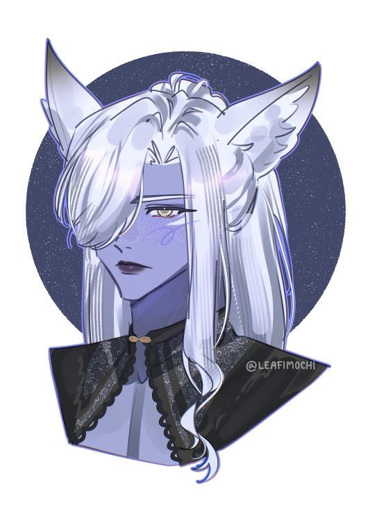 A drawing of Mazeh'a by leafimochi on bsky. He's a grey-skinned Moonkeeper with one golden eye visible, looking at the screen with a vulnerable but mildly disapproving look. His ears are fluffy and large, and his silvery hair is tied in a silky ponytail. He's wearing a black lace collared top with an open chest window. His head has a dark grey-blue halo of stars.
