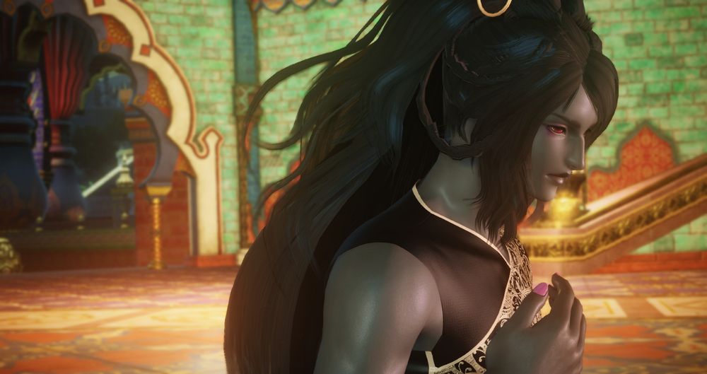 A dark-skinned Rava man is pictured towards the right. His dark red eyes are looking down at something, hand at chest. His long black hair is tied up and the edge of a golden hoop earring can be seen at the top. He's in Radz-at-Han.