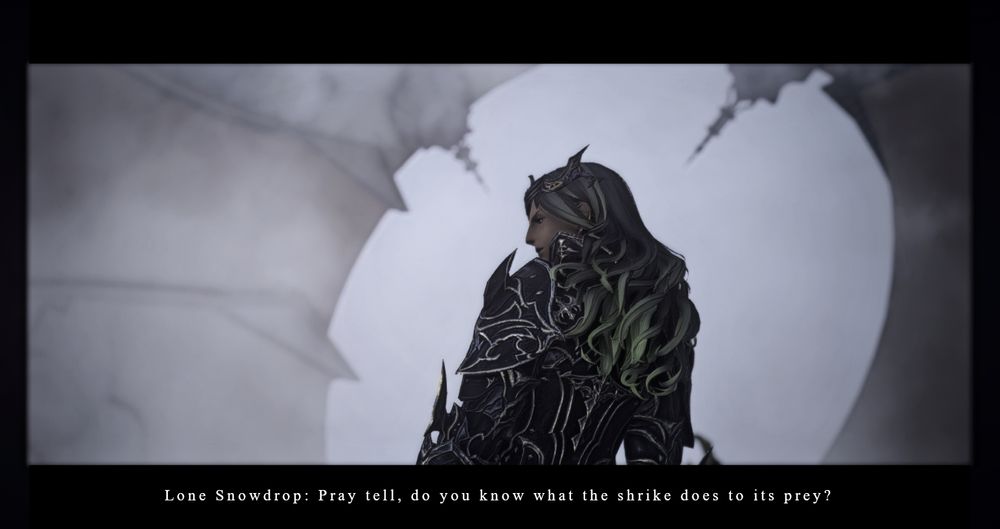 A green-haired Roegadyn woman in full metal armour stands with her back turned towards us. Her head is turned slightly to look at us over her shoulder. The foggy shadows of the Doman gate frames her, with needle-like protrusions pointing inwards towards her. The subtitles say "Lone Snowdrop: Pray tell, do you know what the shrike does to its prey?"