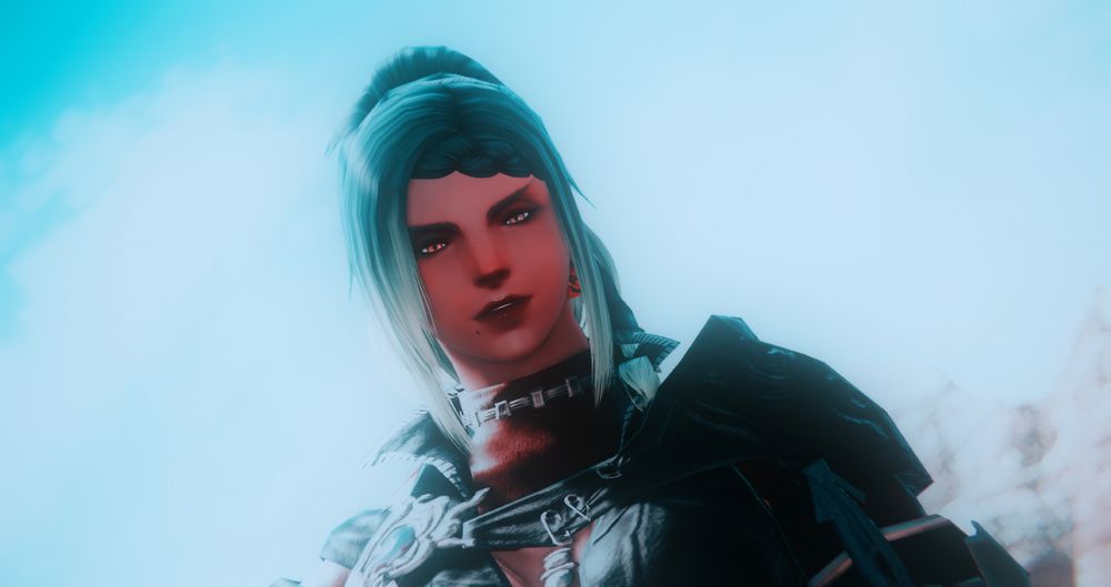 A brown-skinned Roe woman, Lone Snowdrop, is looking down at the viewer. The filter over the picture makes her eyes look very stark and gold, though in reality she has one green eye. Her dark green hair is tied into a Gyr Abanian plait. Her expression is amused.