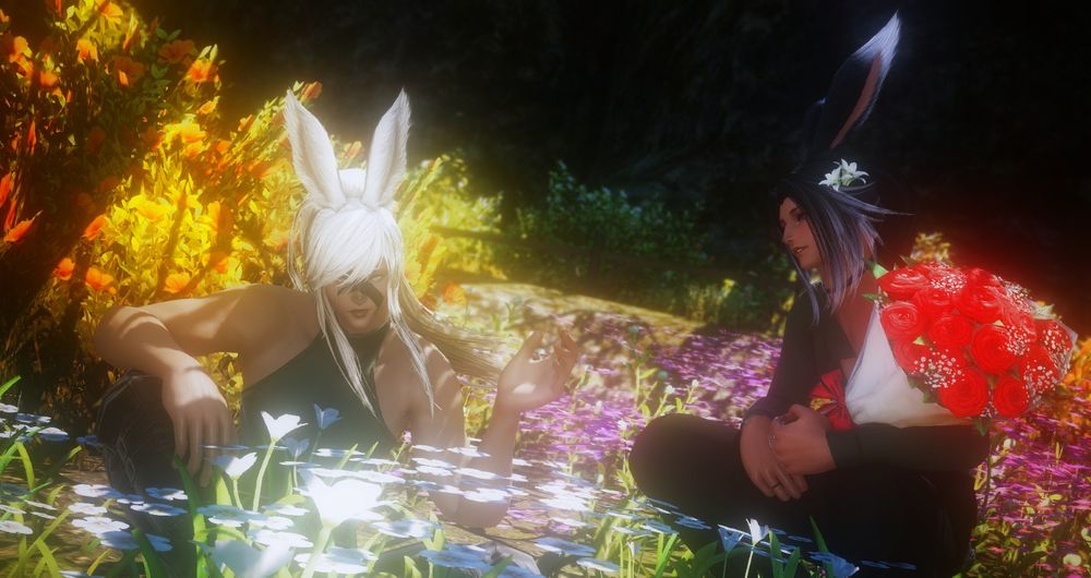 Two male Rava Viera sit in a field of white and purple flowers. The blond muscular one (Lidell) is reclining with one arm resting on his knee and looking towards the black-haired one (Ravnur), who is squatting with a large bouquet of roses in his arms.