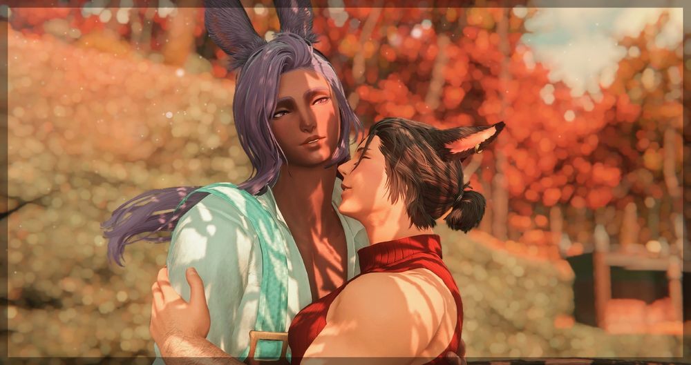 A brown-skinned Viera man is being held and cuddled by a much shorter Miqo'te man under dappled sunset lighting. The Miqo is nuzzling up to the other man's jawline, expression showing content.