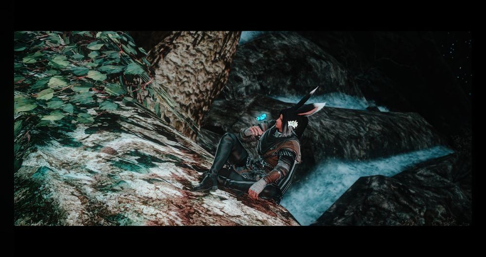 Ravnur, a Viera man, sits on the huge bough of a tree at night. He's dressed in simple brown and black armour in a calm, relaxed pose. One of his hands is up to welcome a glowing morpho hovering nearby. A small waterfall rushes behind him.