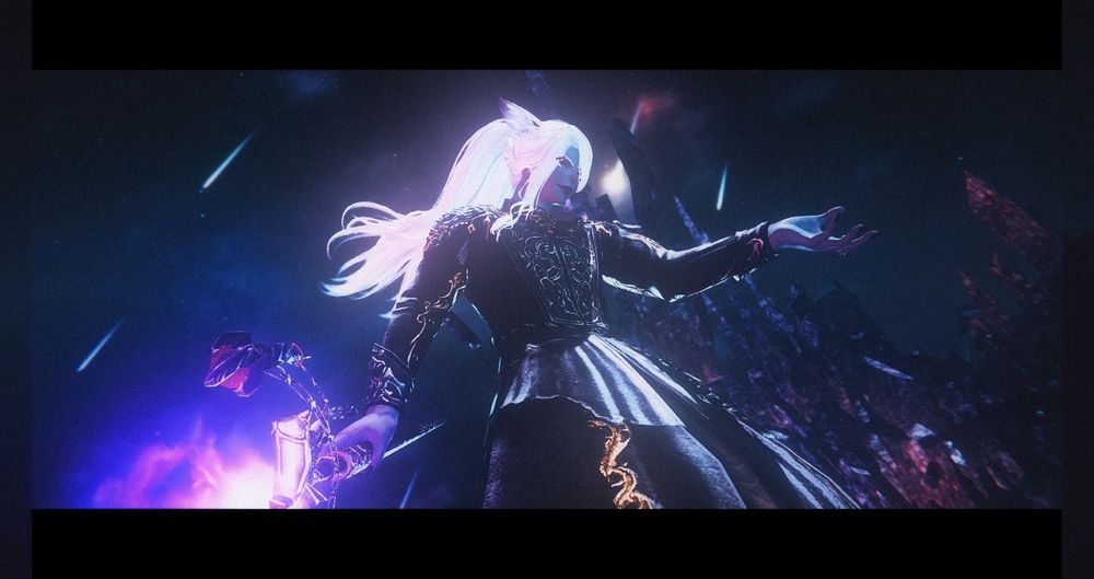 Mazeh'a is a white-haired Moonkeeper mage in the center of the picture. He's dressed in black robes with silver and gold plating. One arm is down holding a black mage staff releasing purple fumes of magic, and the other is held up in a gesture that might say "See?" or "Come." In the background, there are spires of dark purple and black crystals, and a dark sky of falling stars. The whole picture is grainy but high contrast and banded by cinematic black bands like it's a widescreen movie shot.