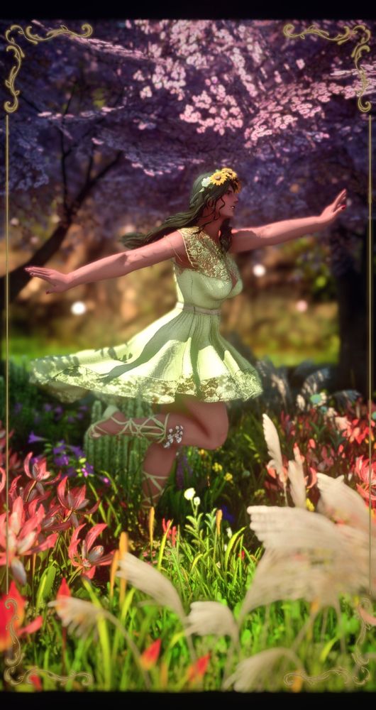 Vertical shot of a brown-skinned, green-haired Roegadyn woman among flowers. Her pastel green dress is fanned around her hips as she's running towards the right side of the screen. She's surrounded by a sunlit grove of cherry blossoms above her head and wildflowers by her feet. A gold embellished frame borders the picture.