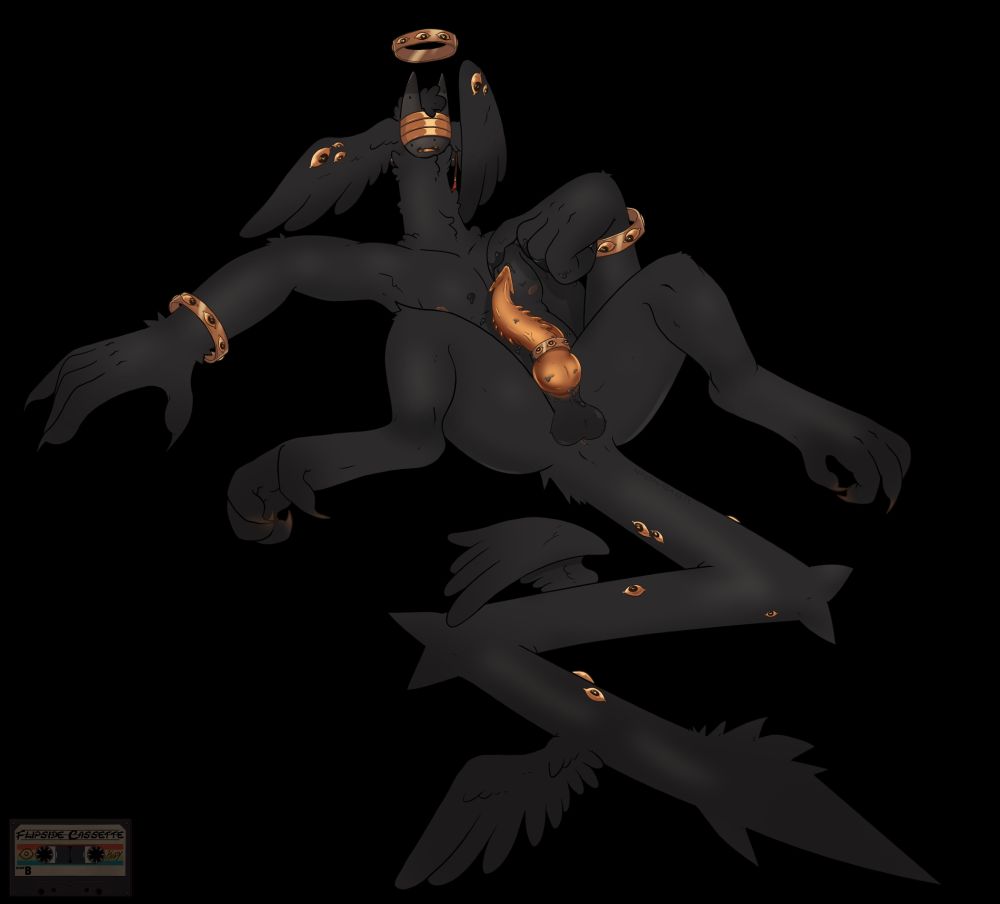 A black and gold monster splayed in a sexually inviting pose. the monster has a humanoid body, large clawed hands, a long neck, and a cat like mask with bandages covering its eyes. it has wing ears and a jagged tail with 2 wings on it. he has a halo over his head and on both of his wrists with gazing eyes. the creatures name is atticus and his member is out, an alien-like appendage with a collar and burs on it.