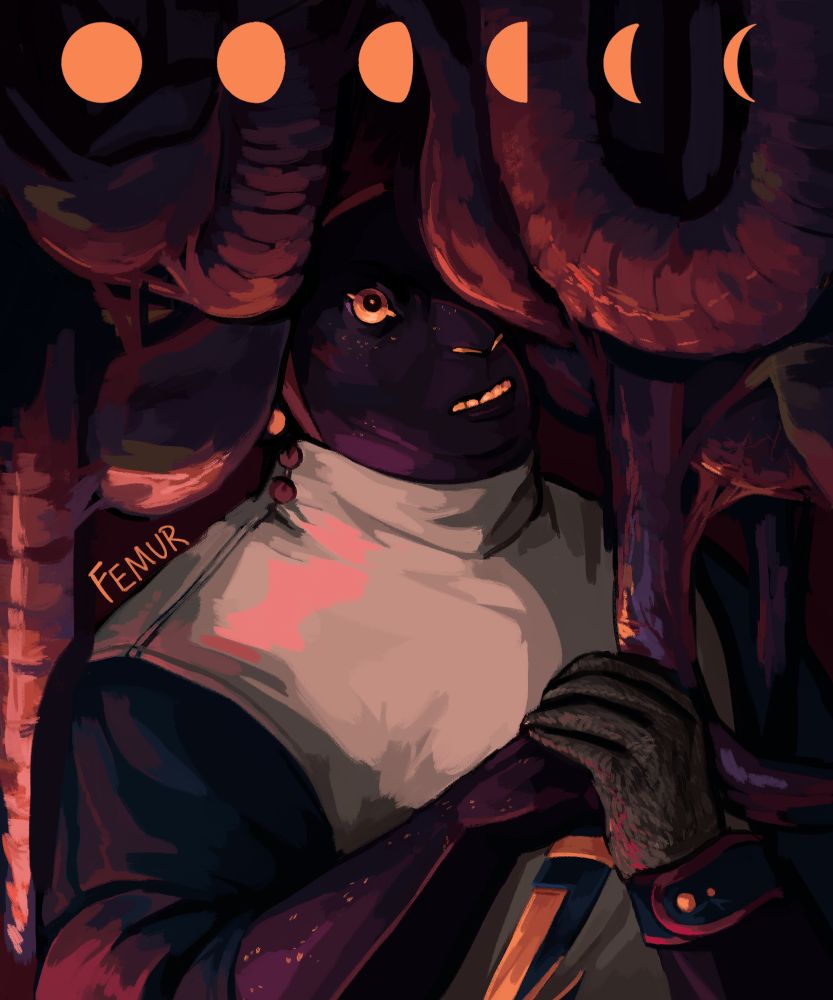 digital painting of a humanoid looking up with a worried look. thon holds a gutting knife with both hands while looking at a mass of intestines and various other organs hanging from above. the image is lit dramatically