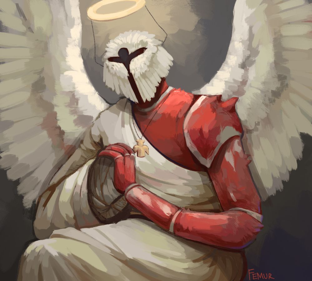 digital painting of an anthro spider crab character. He is sitting down, hands folded as if in prayer. He has two large dove wings behind him, and two more covering his face. A halo rests above him
