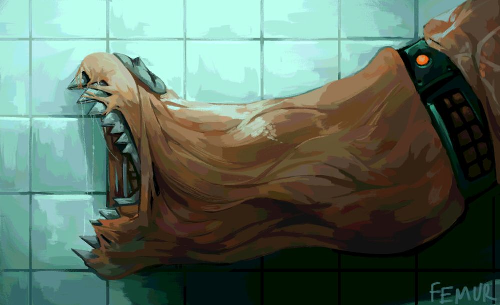 digital painting of the artists oc mammal, a creature made out of raw meat. its neck is open wide to resemble a mouth, with its "jaw" made out of an open bear trap, further down its neck is a bomb collar. It is in a tiled hallway with bright, sterile lighting. 