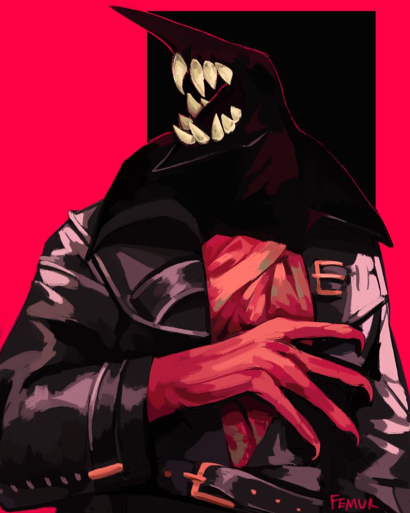 digital painting of a humanoid with a face crudely resembling that of a goblin shark. A stark shadow hangs over his face and part of his shoulder, obscuring any detail. He wears a rubber trench coat, its buttons undone to reveal his torso, which is made of meat