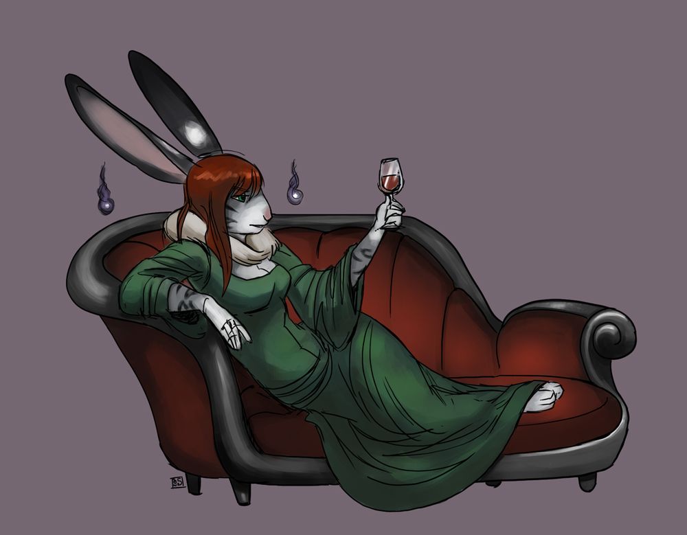 A tiger-rabbit hybrid in grey and black, wearing a green dress reclines upon a divan with a glass of wine while motes of shadow magic hover near her shoulders